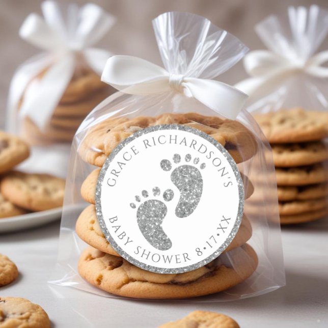 Sticker préféré Baby shower Parties scintillant ar (Silver Glitter Baby Feet Favor Sticker)