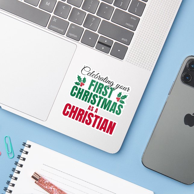 Sticker PREMIER NOËL EN TANT QUE CHRÉTIEN POUR LE Nouveau  (Ordinateur portable avec iPhone)