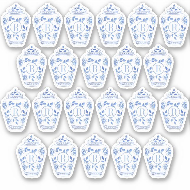Sticker Préppy Monogramme Bleu Et Blanc Ginger Jar (Devant)