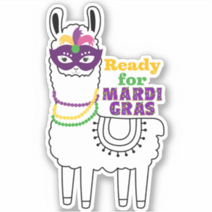 Sticker Prêt pour Mardi Gras lama masque perles plumes