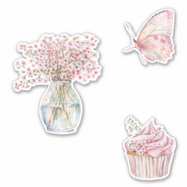 Sticker Pretty Blush Pink White Flowers Butterfly  (Devant)