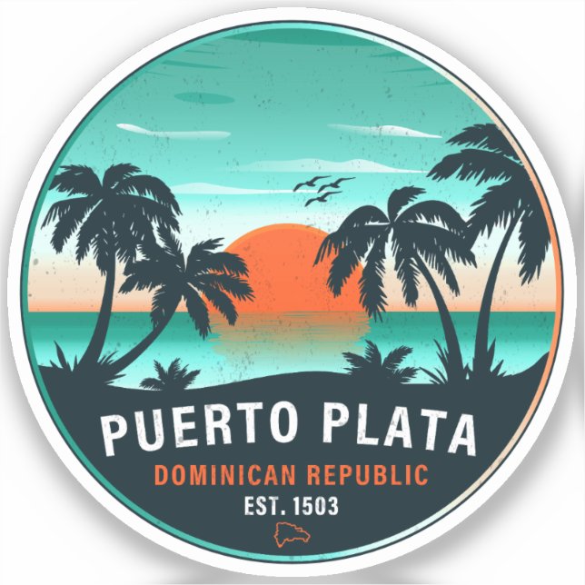Sticker Puerto Plata Dominicaine Retro Sunset Souvenir 60s (Recto)
