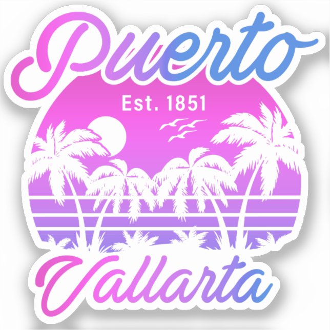 Sticker Puerto Vallarta Retro Sunset 80s Palm Trees (Recto)