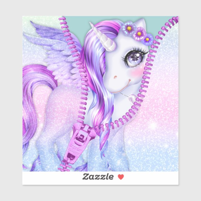 Sticker Purple Glam Pastel Blanc Unicorn Peek-A-Boo Zipper (Feuille)