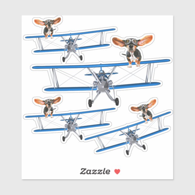 Sticker Quatre ailes à pied Basset Hounds en Biplane Vinta (Feuille)