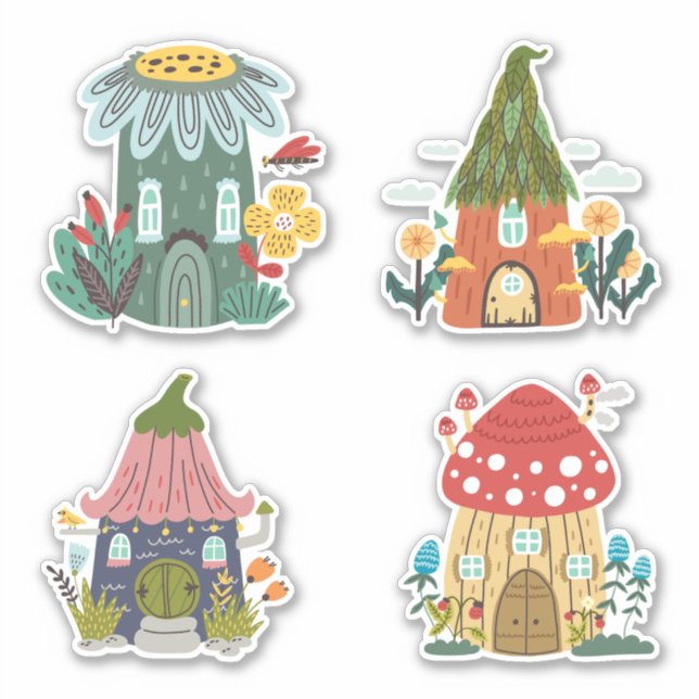 Sticker Quatre amusants gnome maison fleurs champignons (Devant)