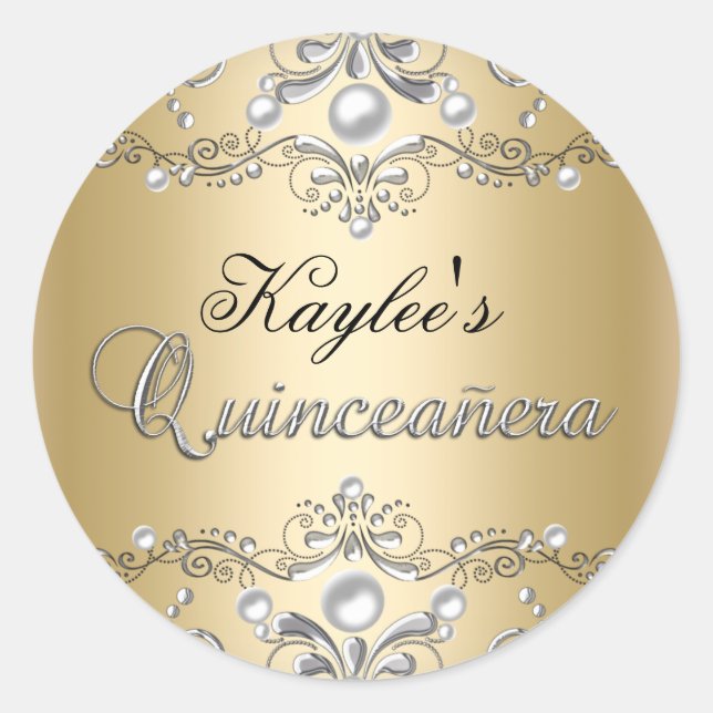 Sticker Quinceanera argent & or Damask Pearl (Devant)