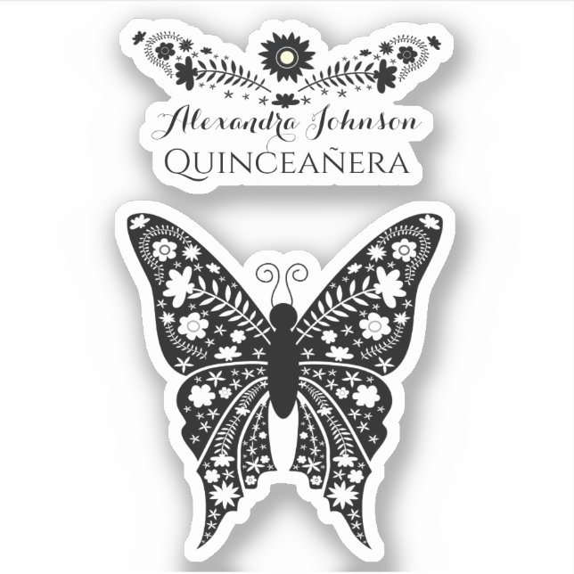 Sticker Quinceanera Boho Papillon noir et blanc Nom (Devant)
