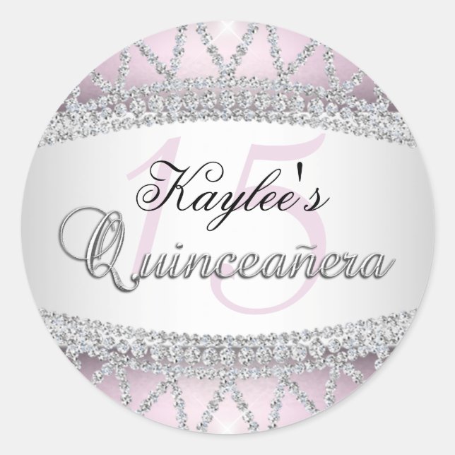 Sticker Quinceanera en argent et diamants roses (Devant)