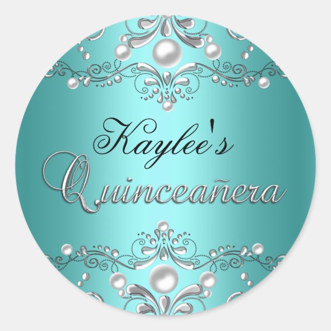 Sticker Quinceanera en argent et Turquoise Damask  (Devant)