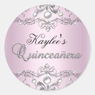Sticker Quinceanera Pearl argent et rose Damask