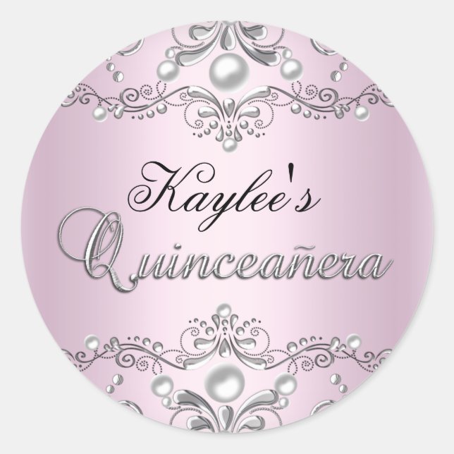 Sticker Quinceanera Pearl argent et rose Damask (Devant)