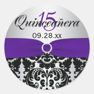 Sticker Quinceanera pourpre, argenté, noir damassé