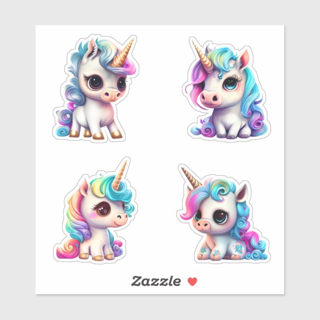 Sticker Rainbow Neon Pastel Kawaii Chibi Baby Unicorn (Feuille)