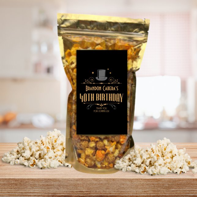 Sticker Rectangulaire 1920 Art Déco Black & Gold 40e anniversaire (speakeasy popcorn label 40th birthday custom name favor label gold and grey mens bday party sticker)