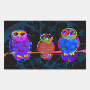 Sticker Rectangulaire 3 hiboux colorés la nuit devant la lune