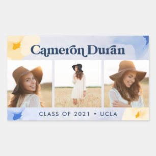 Sticker Rectangulaire Abstrait moderne collage photo diplômé or bleu r