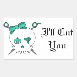Sticker Rectangulaire Accessoire pour cheveux Crâne et ciseaux (Turquois