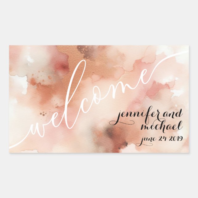 Sticker Rectangulaire Accueil du Mariage d'aquarelle RoseGold Earthtone (Devant)