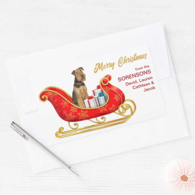 Sticker Rectangulaire Airedale Terrier Chien de Noël Sleigh (Enveloppe)