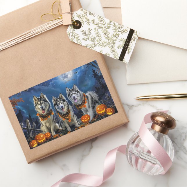 Sticker Rectangulaire Alaskan Malamute Halloween Éffrayant (Cadeaux)