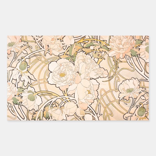 Sticker Rectangulaire Alfonse Mucha Art Nouveau Peonies (Devant)