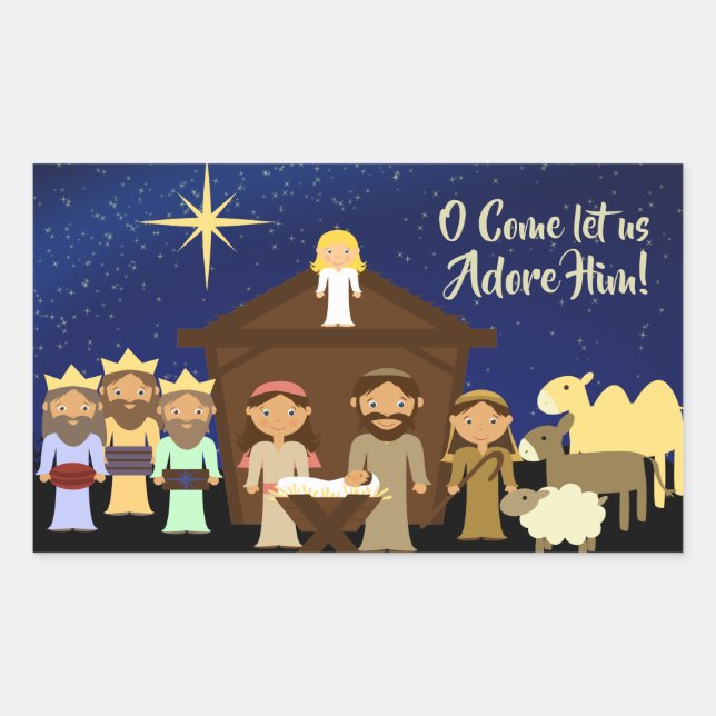 Sticker Rectangulaire Allons, Adorons-Le, Nativité De Noël (Devant)