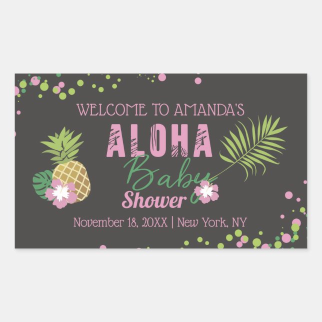 Sticker Rectangulaire Aloha Baby rose ananas Baby shower tropical (Devant)