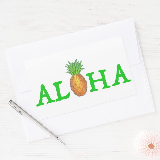 Sticker Rectangulaire ALOHA Tropical Island Hawaiian Pineappy Bonjour (Enveloppe)