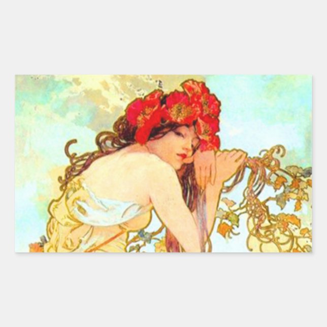 Sticker Rectangulaire Alphonse Mucha Art Nouveau Été (Devant)