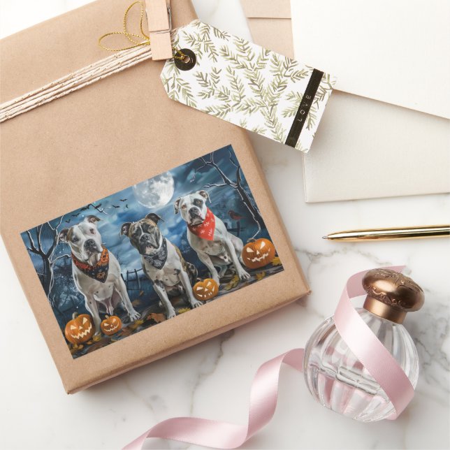 Sticker Rectangulaire American Staffordshire Halloween Éffrayant (Cadeaux)