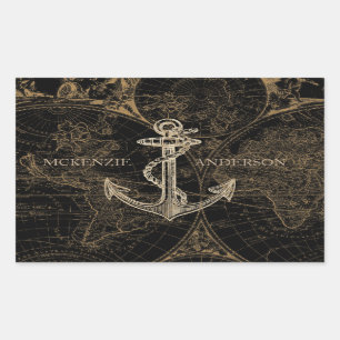 Sticker Rectangulaire Ancien Monde Ancre nautique Monogramme Noir