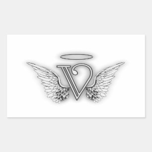 Sticker Rectangulaire Angel Alphabet V Lettre initiale Ailes Halo