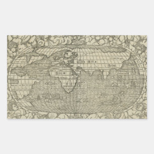 Sticker Rectangulaire Antique World Map by Sebastian Münster aux environ