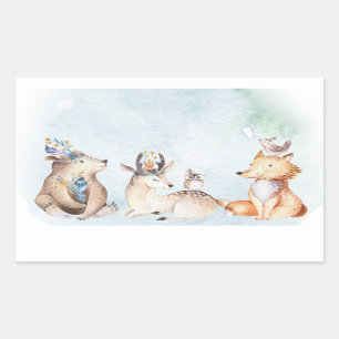 Sticker Rectangulaire Aquarelle Boho Ours Rustique Animaux Baby shower
