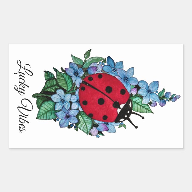 Sticker Rectangulaire Aquarelle Cute Ladybird Avec Fleurs Bleues Sauvage (Devant)