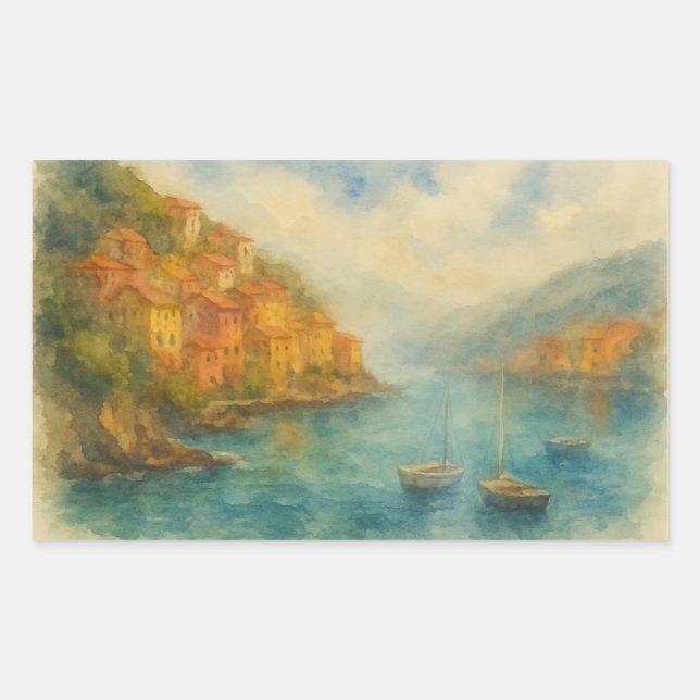 Sticker Rectangulaire Aquarelle du village balnéaire - Port de Cliffside (Devant)
