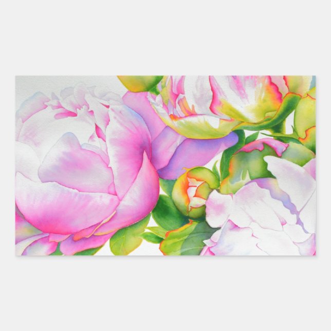 Sticker Rectangulaire Aquarelle florale classique et élégante de pivoine (Devant)