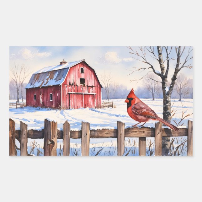 Sticker Rectangulaire Aquarelle Grange rouge et hiver cardinal (Devant)