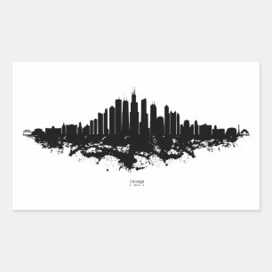 Sticker Rectangulaire Aquarelle Skyline de Chicago noir et blanc
