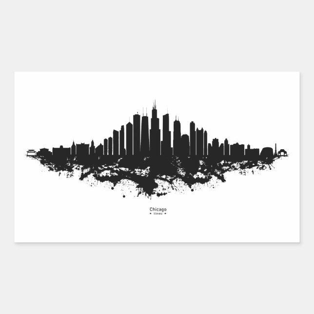 Sticker Rectangulaire Aquarelle Skyline de Chicago noir et blanc (Devant)