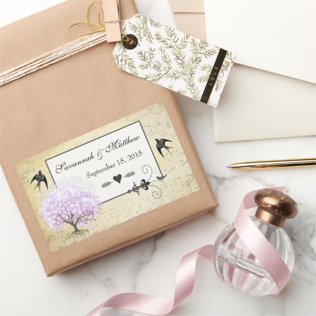 Sticker Rectangulaire Arbre de lavande à feuilles de cœur Mariage oiseau (Cadeaux)