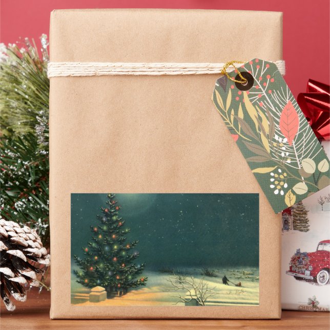 Sticker Rectangulaire Arbre de Noël Vintage à la nuit avec lumières (vacances)