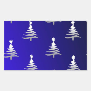 Sticker Rectangulaire Arbres de Noël Argent sur Bleu Cobalt