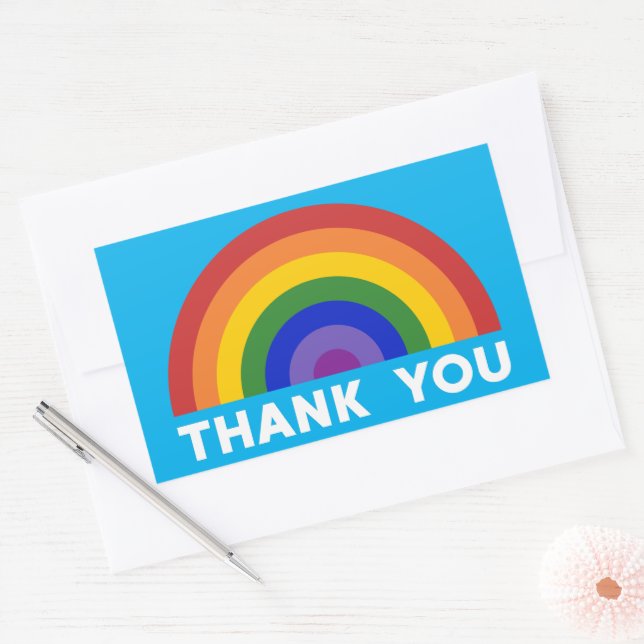 Sticker Rectangulaire Arc en ciel Merci sur Sky Blue (Enveloppe)