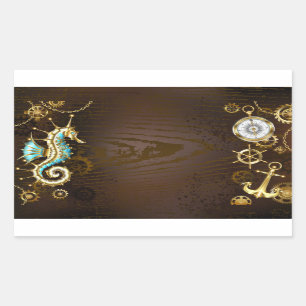 Sticker Rectangulaire Arrière - plan en bois avec cheval de mer mécaniqu