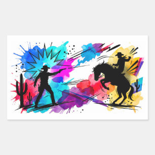 Sticker Rectangulaire Art aquarelle coloré de cow-boys du Far West