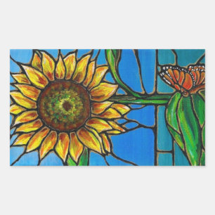 Sticker Rectangulaire Art de tournesol et de papillon--style en verre
