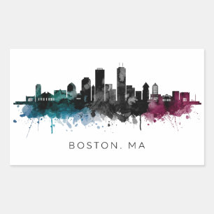 Sticker Rectangulaire Art du Massachusetts Aquarelle de la skyline de
