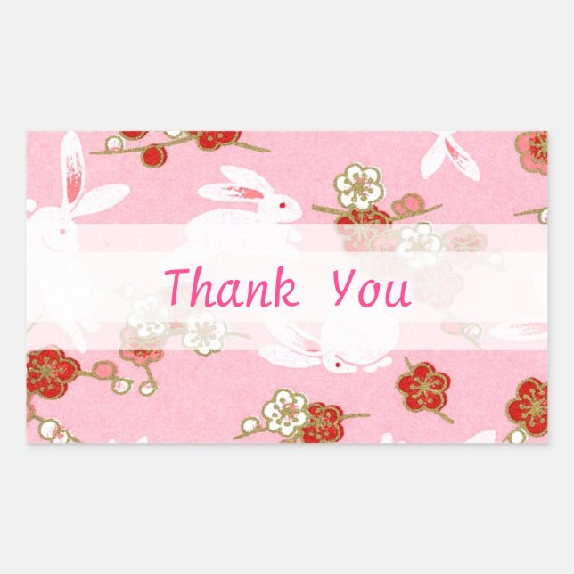 Sticker Rectangulaire Art japonais : Sakuras et lapins roses (Devant)